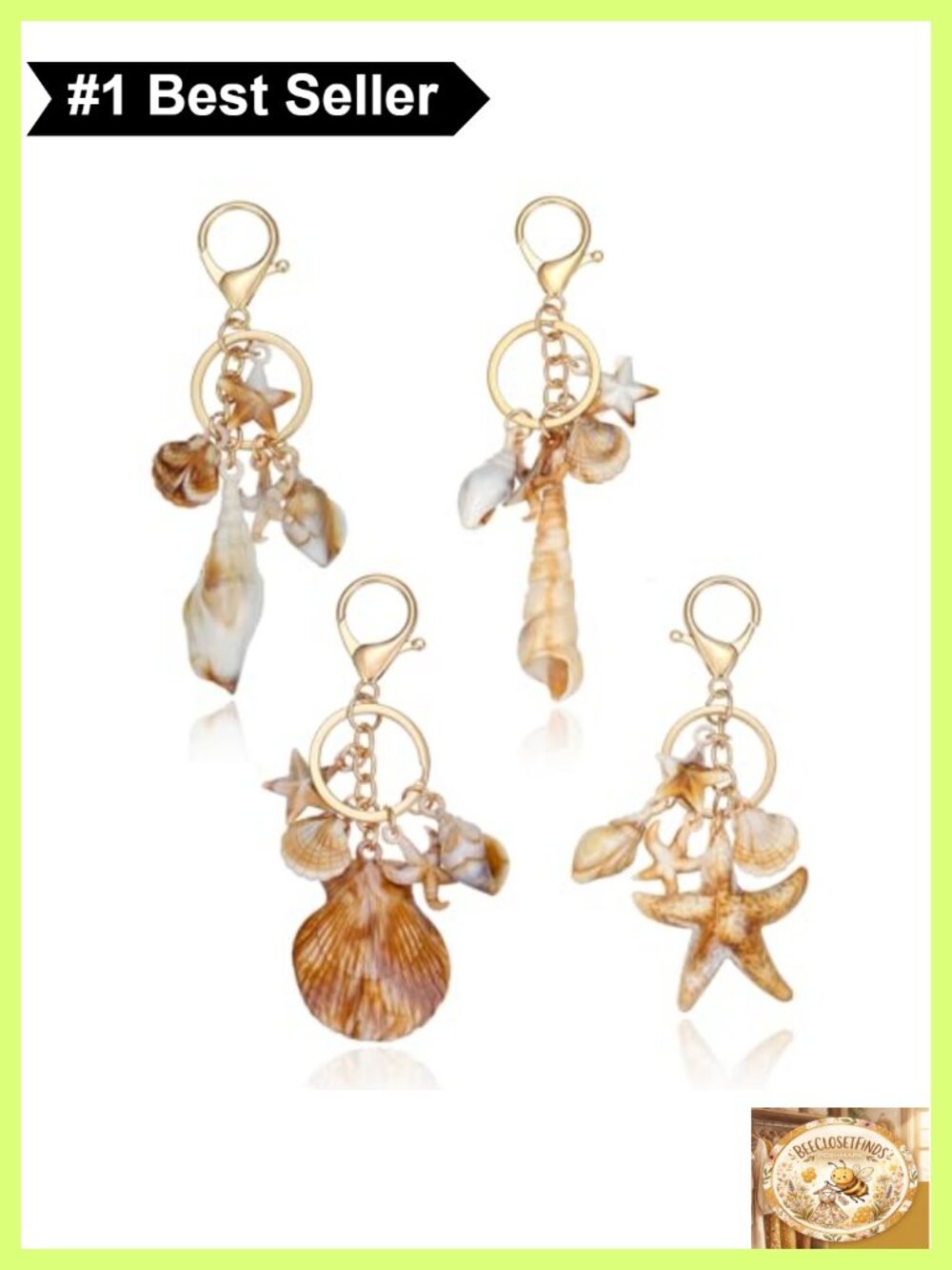 4 Pc Ocean Keychains Gold-Plated Resin Seashell Starfish Bag Charms